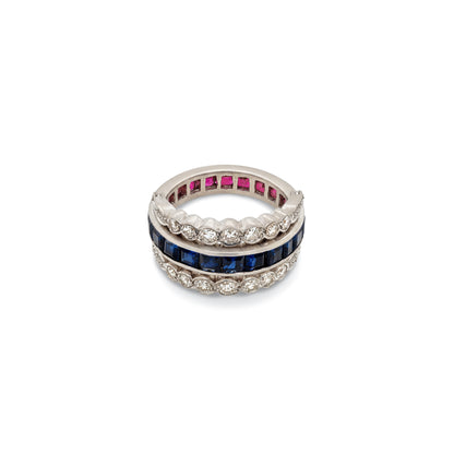 Art Deco Ruby, Sapphire and Diamond Reversible Band Cocktail Ring in 18K Gold