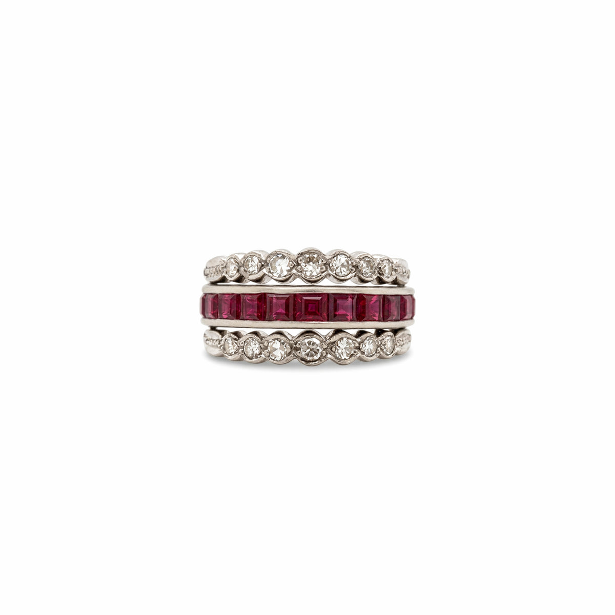 Art Deco Ruby, Sapphire and Diamond Reversible Band Cocktail Ring in 18K Gold