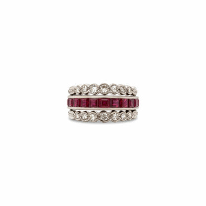Art Deco Ruby, Sapphire and Diamond Reversible Band Cocktail Ring in 18K Gold