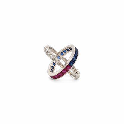 Art Deco Ruby, Sapphire and Diamond Reversible Band Cocktail Ring in 18K Gold