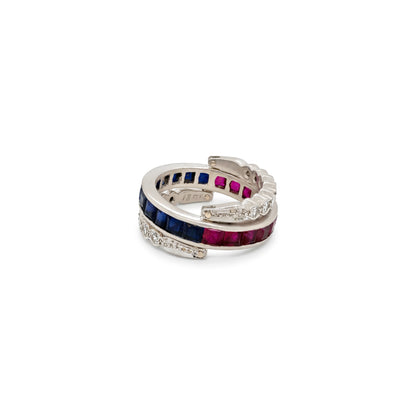 Art Deco Ruby, Sapphire and Diamond Reversible Band Cocktail Ring in 18K Gold