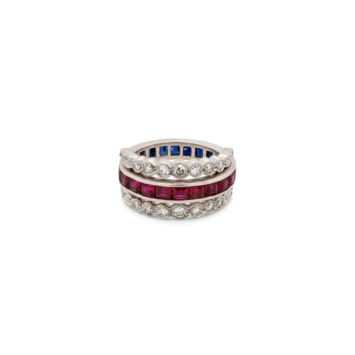 Art Deco Ruby, Sapphire and Diamond Reversible Band Cocktail Ring in 18K Gold
