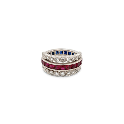 Art Deco Ruby, Sapphire and Diamond Reversible Band Cocktail Ring in 18K Gold