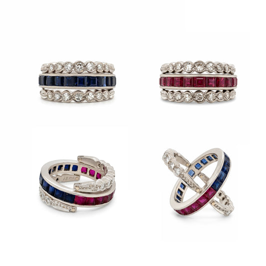 Art Deco Ruby, Sapphire and Diamond Reversible Band Cocktail Ring in 18K Gold