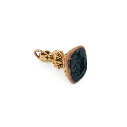 Antique Bloodstone Intaglio Coat of Arms Seal Fob Pendant in 14 Carat Gold