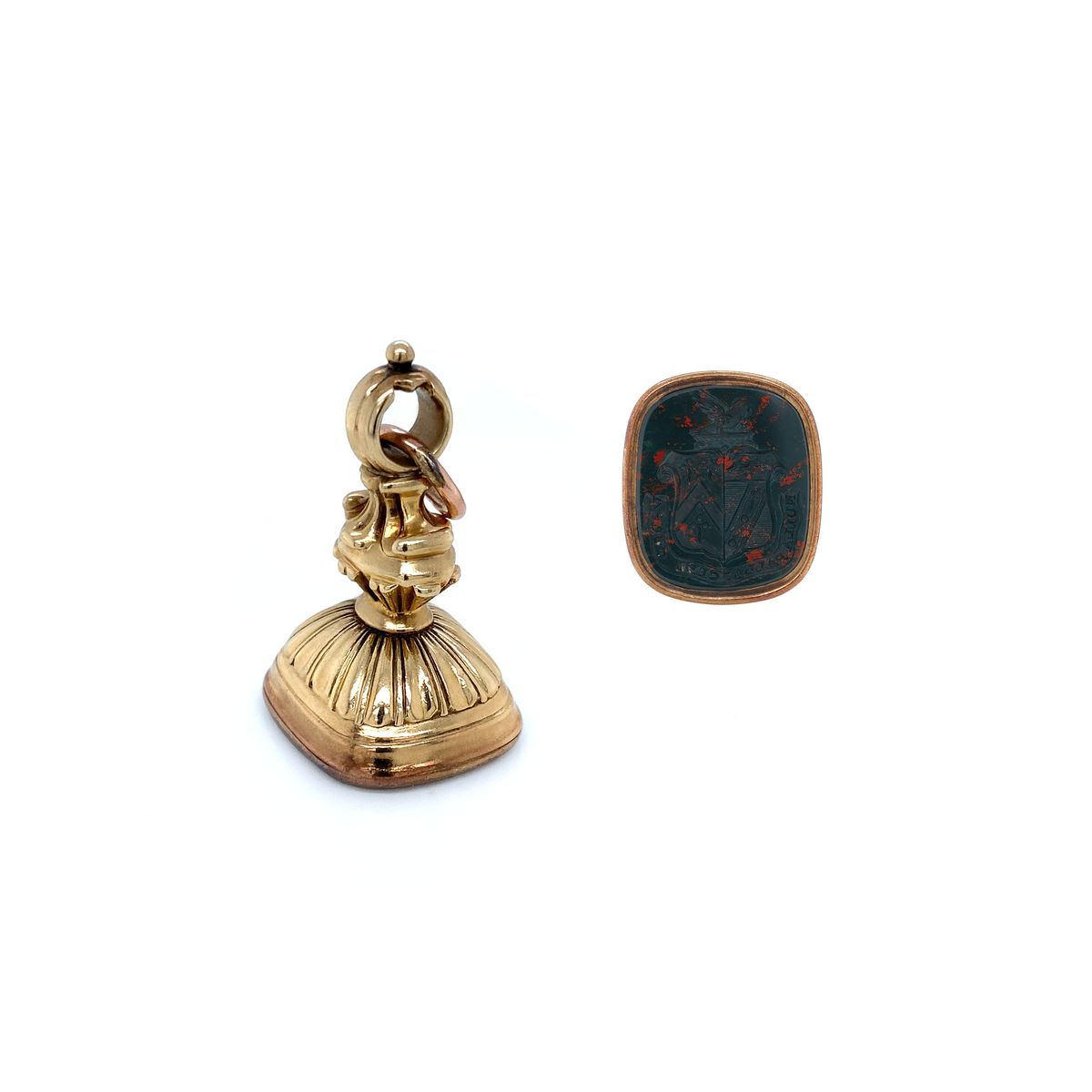 Antique Bloodstone Intaglio Coat of Arms Seal Fob Pendant in 14 Carat Gold