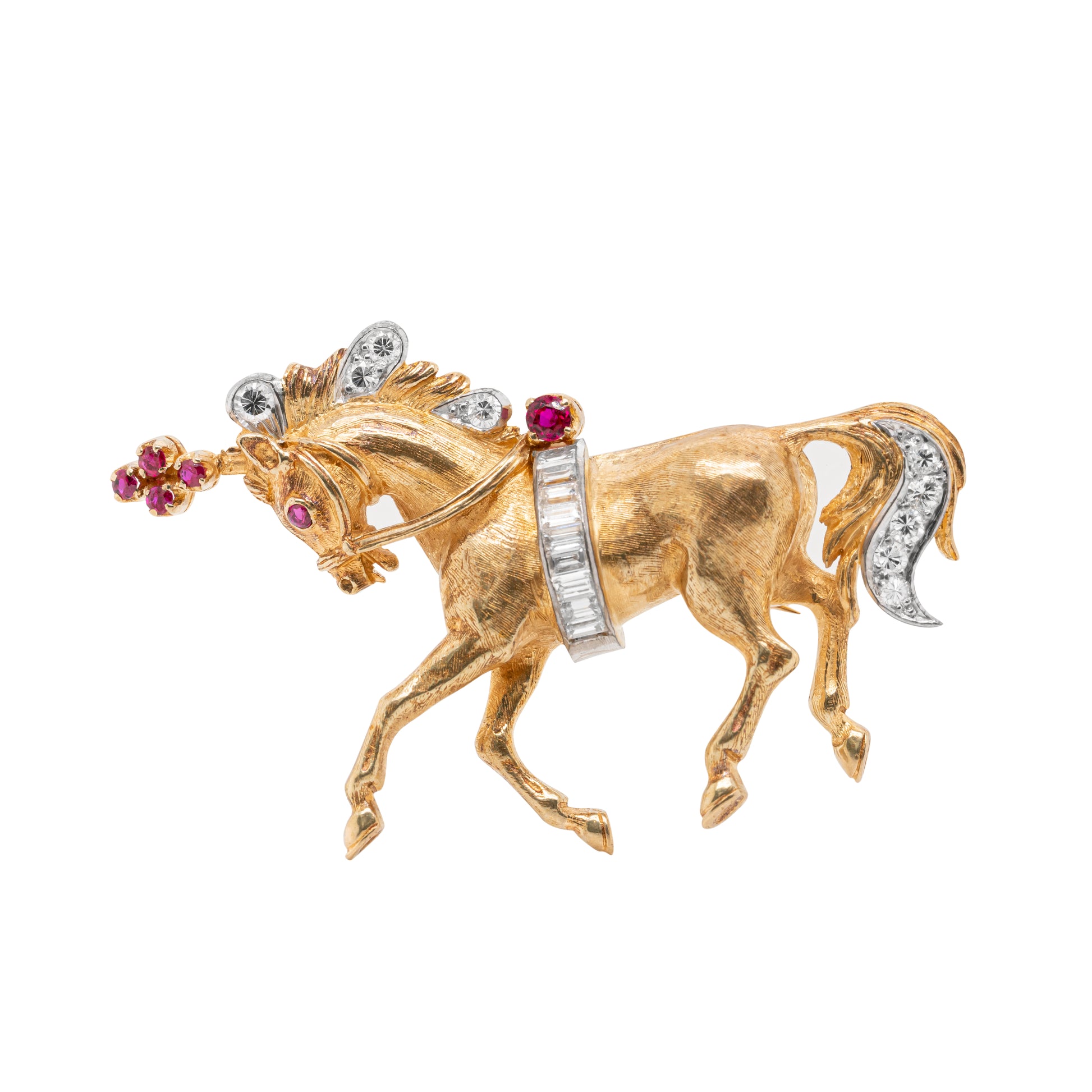 gold horse brooch inlaid with rubies and diamonds