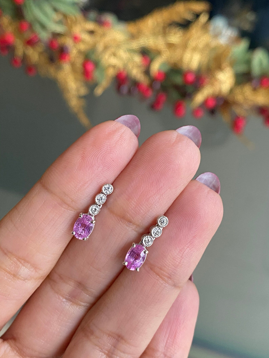 Pink Sapphire and Diamond 18 Carat White Gold Drop Earrings