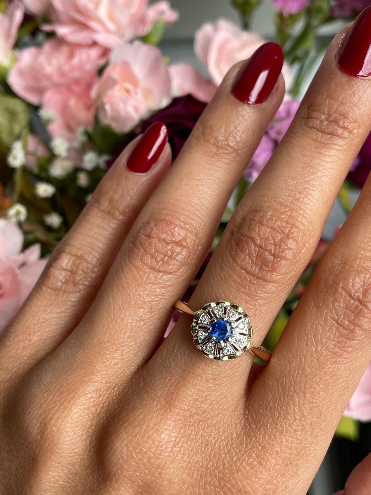 Sapphire and Diamond 18 Carat White and Yellow Gold Cluster Ring