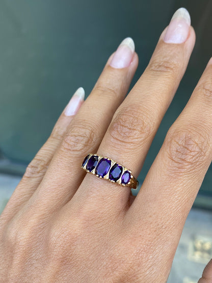 Amethyst 9 Yellow Gold Antique Style Five-Stone Ring