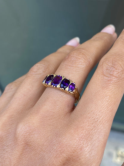 Amethyst 9 Yellow Gold Antique Style Five-Stone Ring