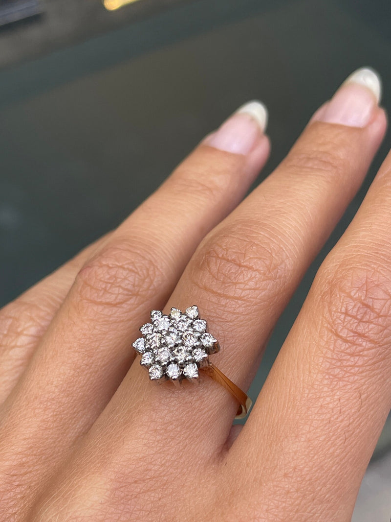 Diamond 18 Carat White and Yellow Gold Snowflake Cluster Engagement Ring