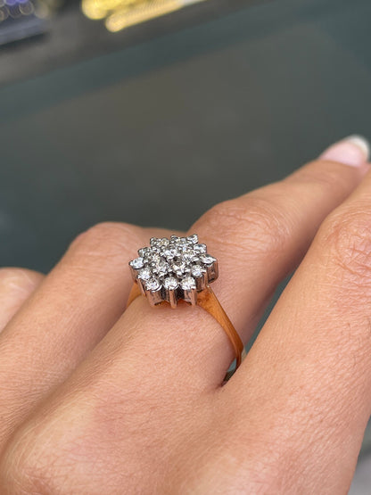 Diamond 18 Carat White and Yellow Gold Snowflake Cluster Engagement Ring