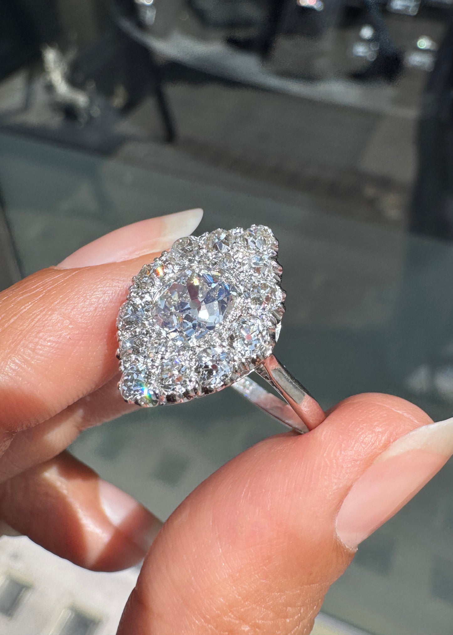 1.35ct Old Cut Diamond 18K White Gold & Platinum Antique Marquise Cluster Ring