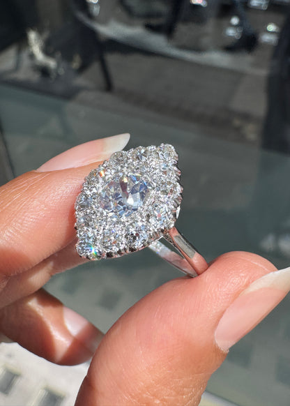1.35ct Old Cut Diamond 18K White Gold & Platinum Antique Marquise Cluster Ring