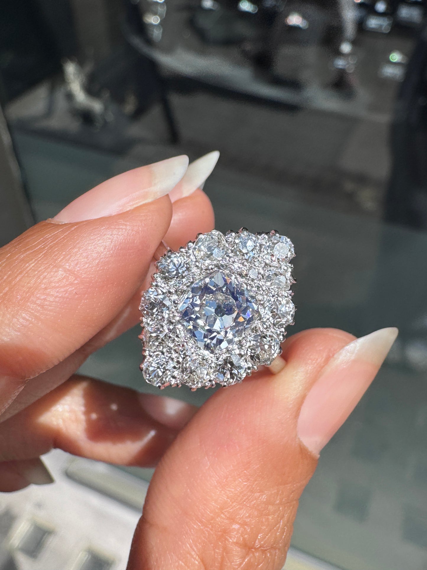 1.35ct Old Cut Diamond 18K White Gold & Platinum Antique Marquise Cluster Ring