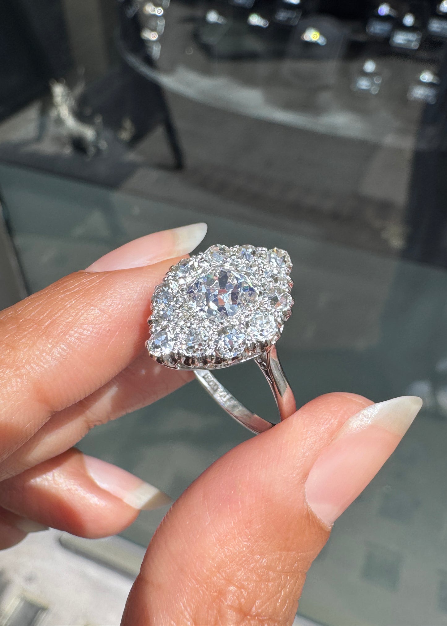 1.35ct Old Cut Diamond 18K White Gold & Platinum Antique Marquise Cluster Ring
