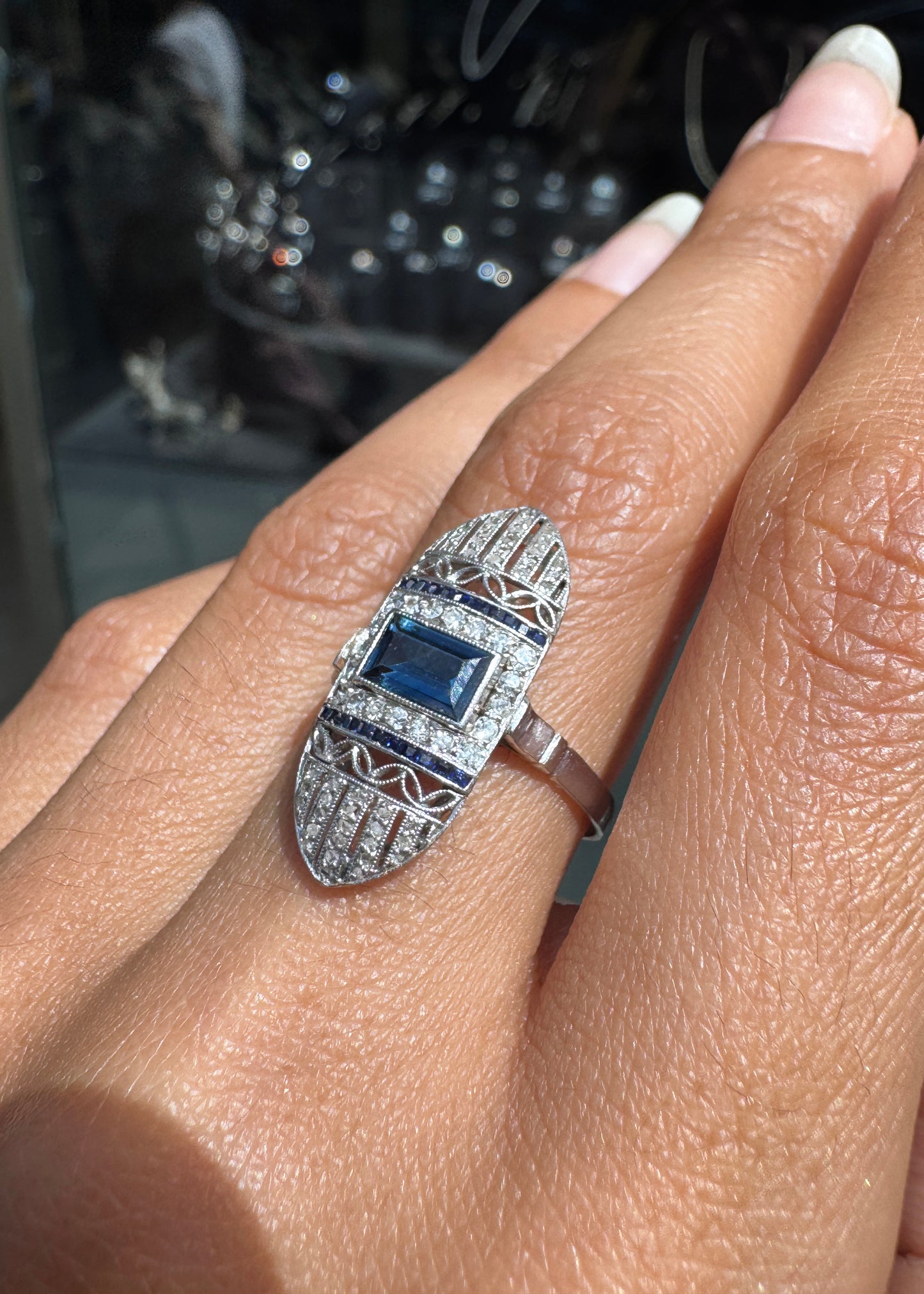 Art Deco Blue Sapphire and Diamond Open Work Cocktail Ring in Platinum, c.1920s