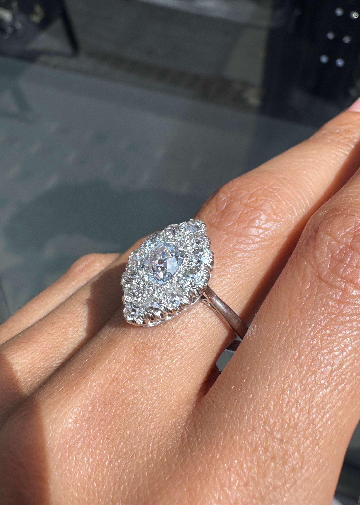 1.35ct Old Cut Diamond 18K White Gold & Platinum Antique Marquise Cluster Ring