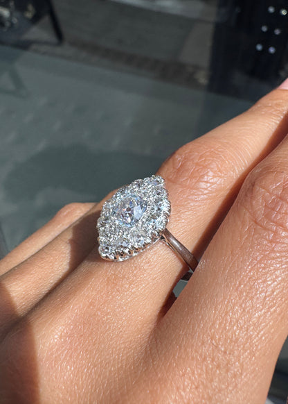 1.35ct Old Cut Diamond 18K White Gold & Platinum Antique Marquise Cluster Ring
