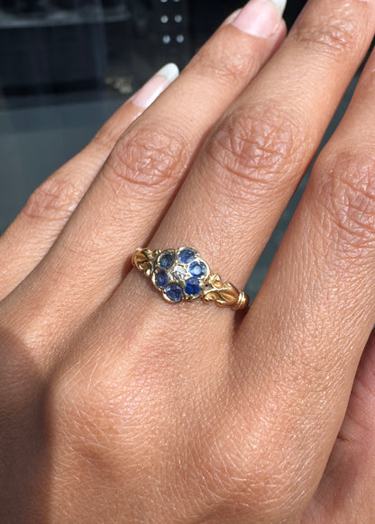 Antique George V Sapphire & Diamond Floral Cluster Ring in 18K Yellow Gold, 1918