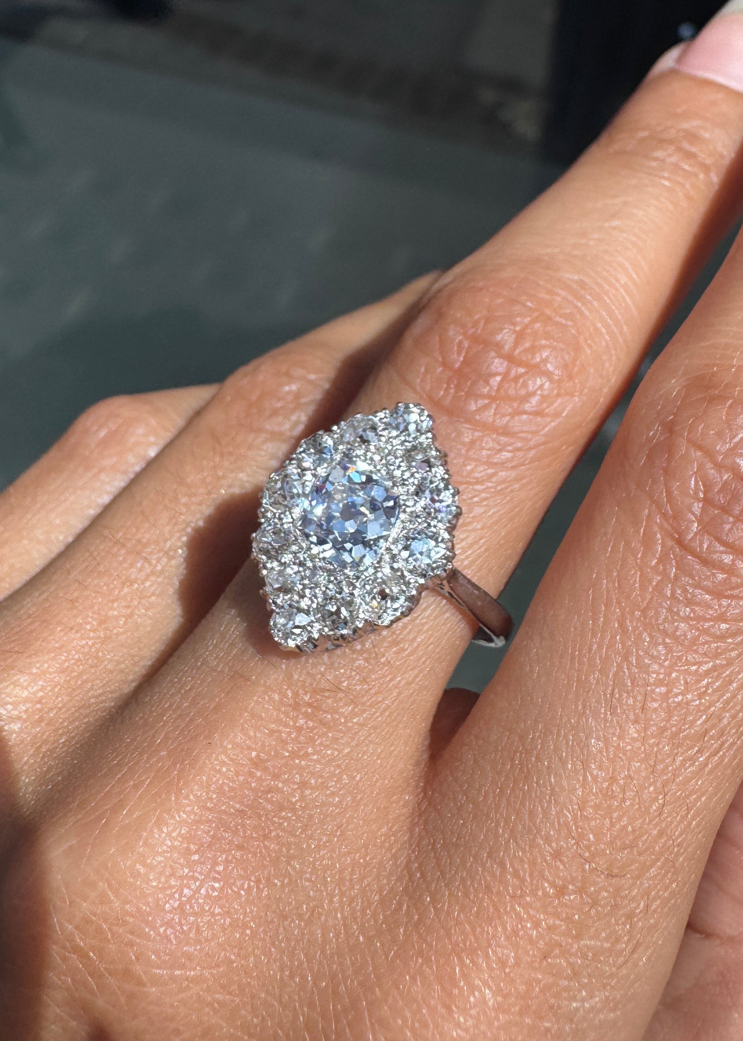 1.35ct Old Cut Diamond 18K White Gold & Platinum Antique Marquise Cluster Ring