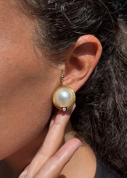 Vintage Mabe Pearl & Diamond 18 Carat Yellow Gold Lever-Back Earrings, c.1980s