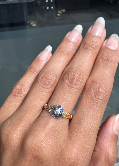 Antique George V Sapphire & Diamond Floral Cluster Ring in 18K Yellow Gold, 1918