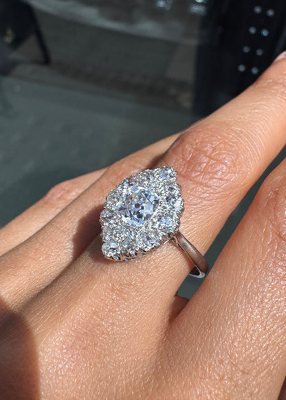 1.35ct Old Cut Diamond 18K White Gold & Platinum Antique Marquise Cluster Ring