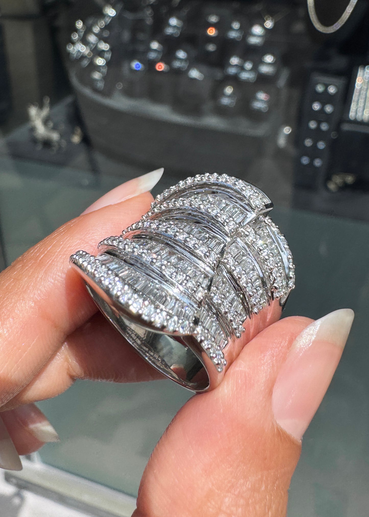 2.77ct Mixed Cut Diamond 18 Carat White Gold Chunky Wide Cocktail Ring