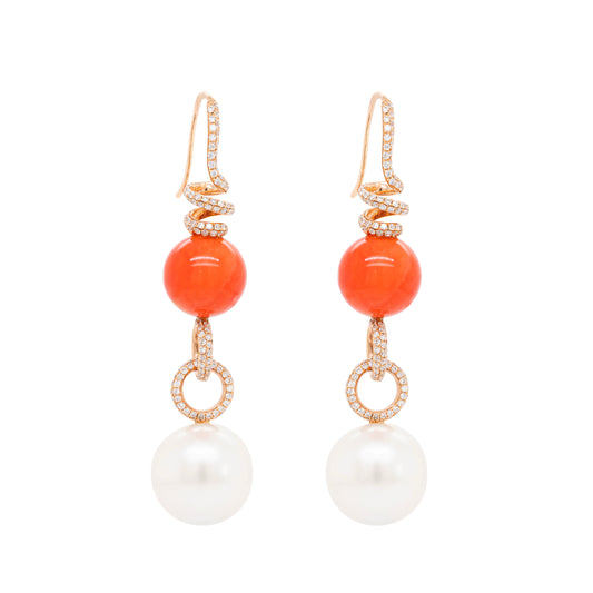 Coral, Pearl and Diamond 18 Carat Rose Gold Dangle Earrings