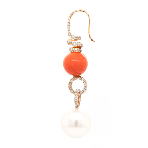 Coral, Pearl and Diamond 18 Carat Rose Gold Dangle Earrings