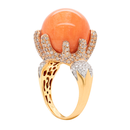 Large Coral and Diamond 18 Carat Rose and White Gold Cocktail Ring