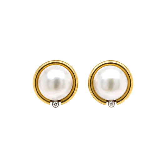 Vintage Mabe Pearl & Diamond 18 Carat Yellow Gold Lever-Back Earrings, c.1980s