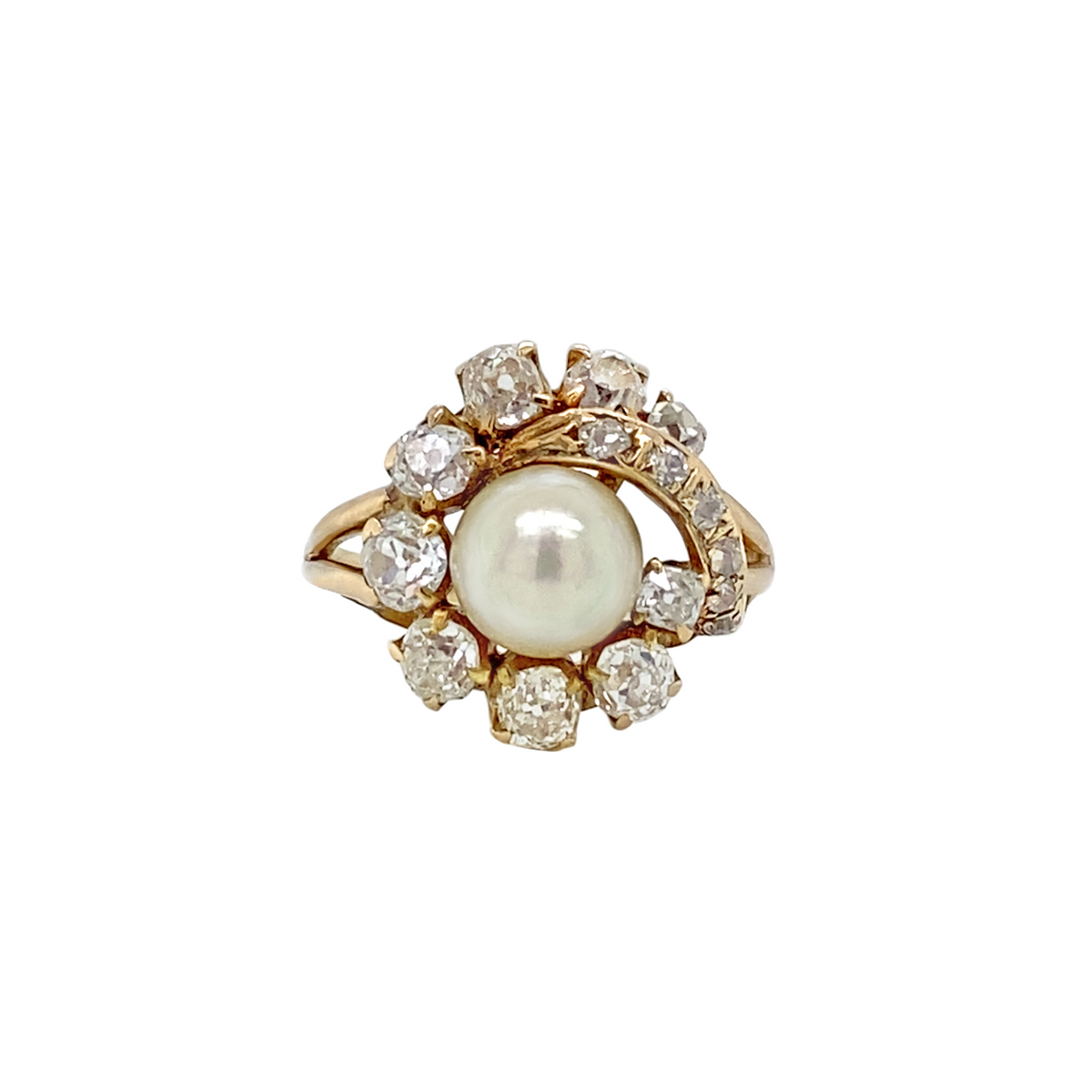Vintage Pearl and Old Mine Cut Diamond 14 Carat Yellow Gold Cocktail Ring