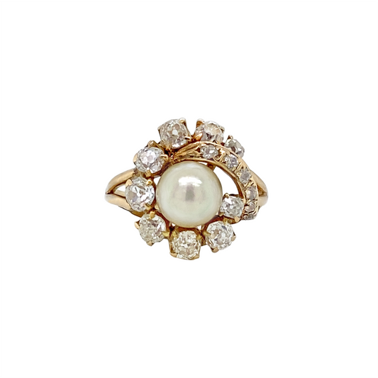 Vintage Pearl and Old Mine Cut Diamond 14 Carat Yellow Gold Cocktail Ring