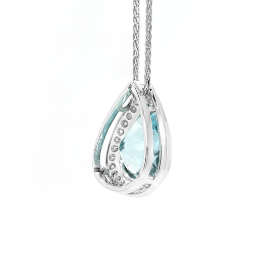 Pear Shape Aquamarine and Diamond Halo 18 Carat White Gold Pendant and Chain