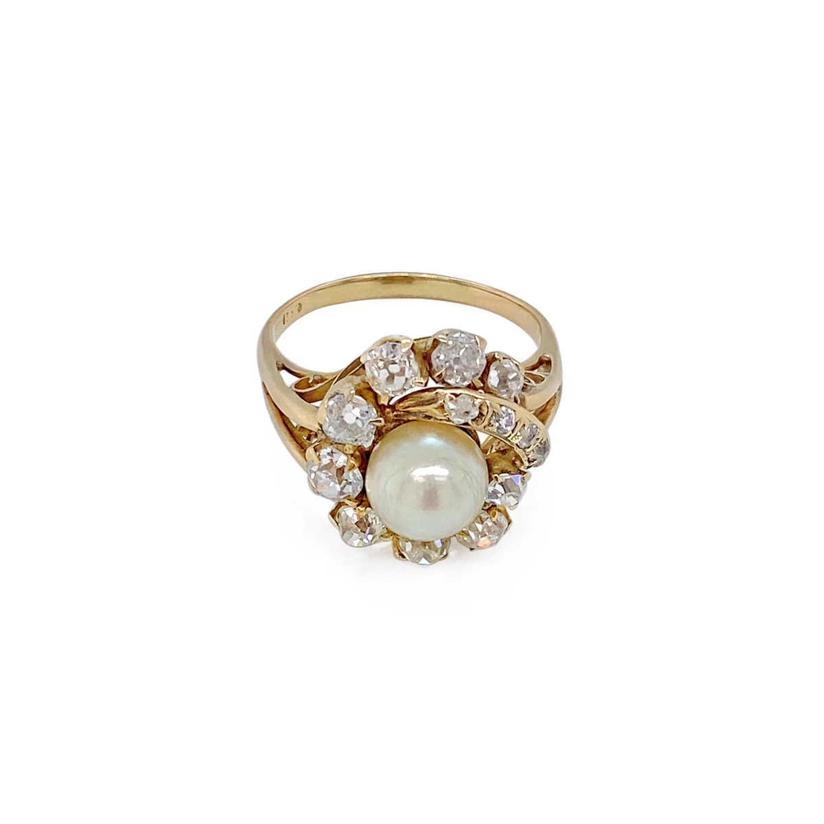 Vintage Pearl and Old Mine Cut Diamond 14 Carat Yellow Gold Cocktail Ring