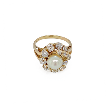 Vintage Pearl and Old Mine Cut Diamond 14 Carat Yellow Gold Cocktail Ring
