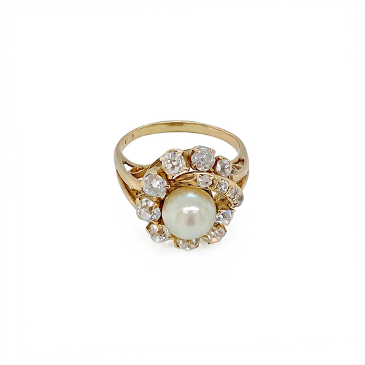 Vintage Pearl and Old Mine Cut Diamond 14 Carat Yellow Gold Cocktail Ring