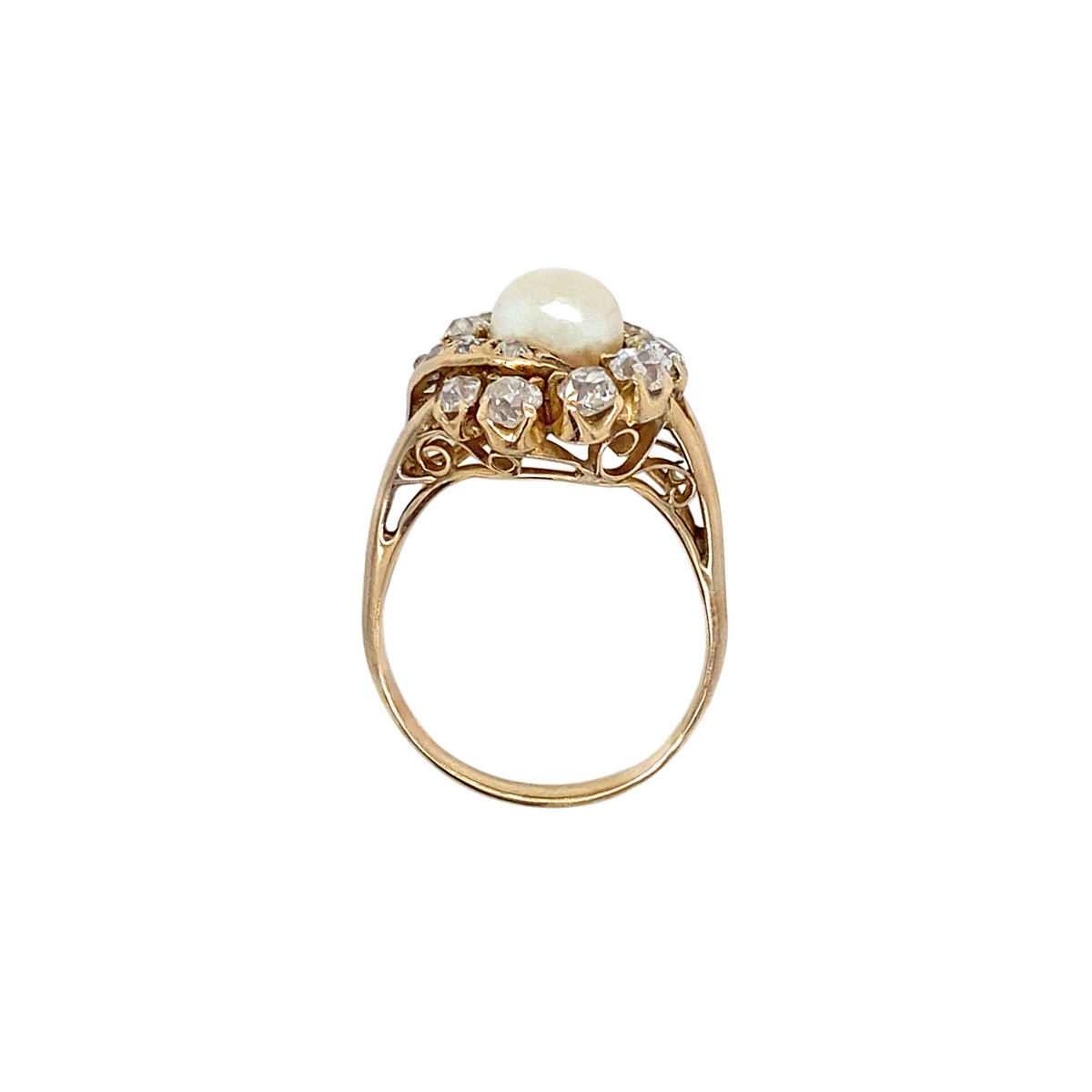 Vintage Pearl and Old Mine Cut Diamond 14 Carat Yellow Gold Cocktail Ring