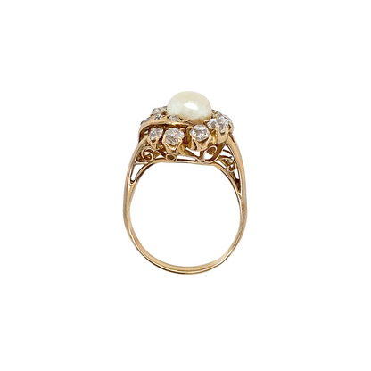 Vintage Pearl and Old Mine Cut Diamond 14 Carat Yellow Gold Cocktail Ring