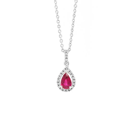 0.45ct Pear Shape Ruby and Diamond 18 Carat White Gold Pendant and Chain
