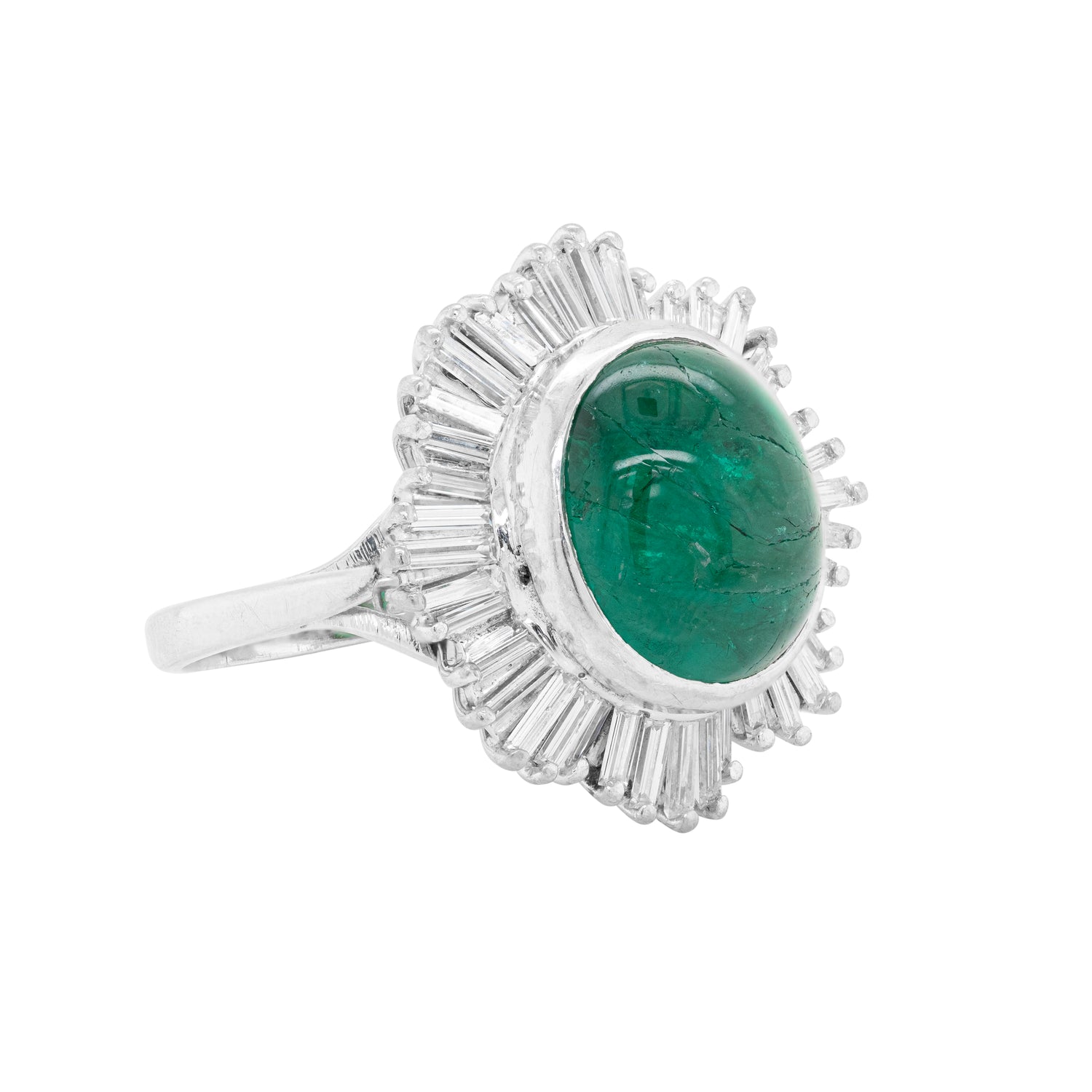 Cabouchon Emerald and Diamond 18 Carat White Gold Ballerina Cluster Ring