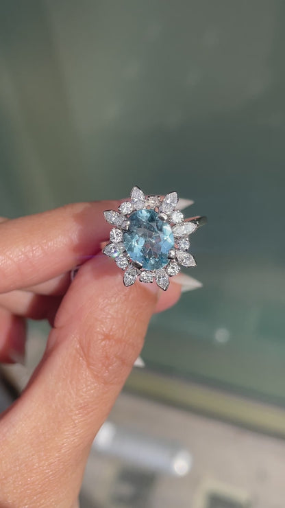 2.61ct Aquamarine and Diamond 18 Carat White Gold Cluster Engagement Ring