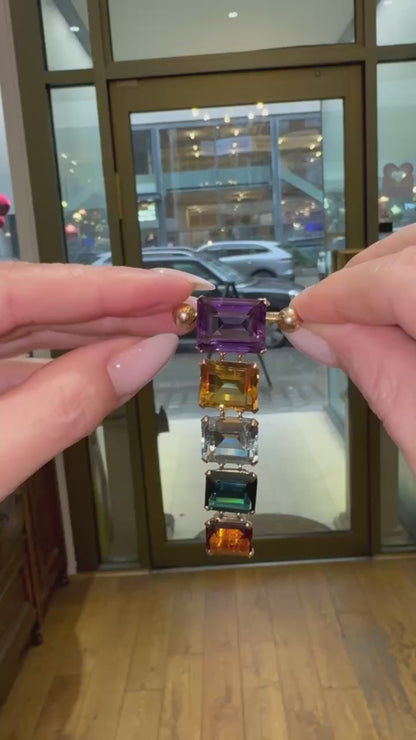 Vintage 18 Carat Rose Gold Emerald Cut Multi-Gemstone Banner Style Drop Brooch