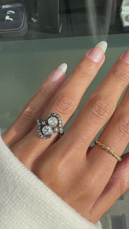 Edwardian Old Cut Diamond Toi Et Moi Crossover Ring in Silver on 18 Carat Gold