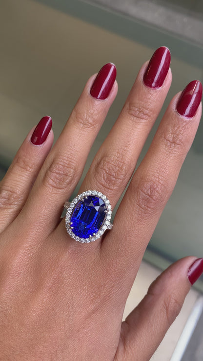 12.90 Carat Oval Tanzanite and Diamond Cocktail Ring