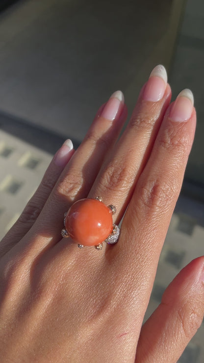 Large Coral and Diamond 18 Carat Rose and White Gold Cocktail Ring