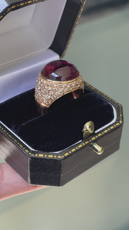 video of Cabochon Tourmaline and Diamond 18 Carat Yellow Gold Bombé Cluster Cocktail Ring in box
